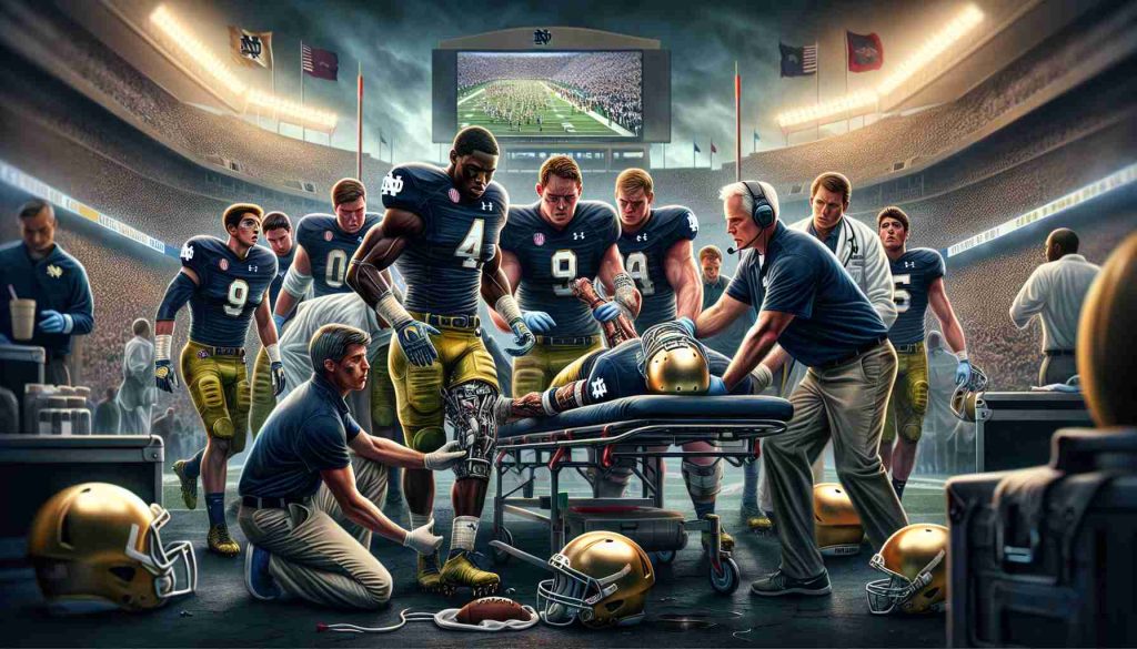 A detailed, HD visual representation of the Notre Dame football team's potential future. Picture a scenario where significant injuries have occurred, influencing the overall game plan and team dynamics. The scene is tense, with medical staff attending to the players. The remaining team members exhibit determined looks, ready to step up and embrace the challenge. The image embodies the spirit of resilience, challenge, and adaptation in the face of adversity, a common theme in sports.