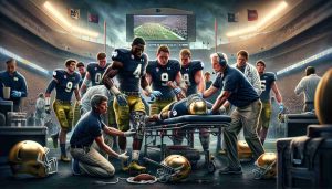 A detailed, HD visual representation of the Notre Dame football team's potential future. Picture a scenario where significant injuries have occurred, influencing the overall game plan and team dynamics. The scene is tense, with medical staff attending to the players. The remaining team members exhibit determined looks, ready to step up and embrace the challenge. The image embodies the spirit of resilience, challenge, and adaptation in the face of adversity, a common theme in sports.