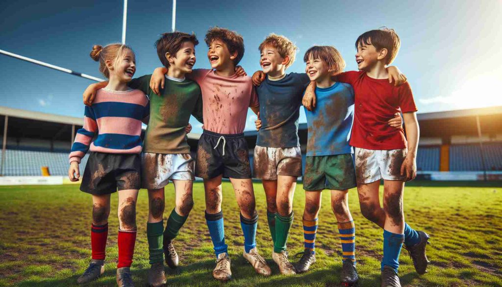 Realistic HD photo of unbreakable friendship among a diverse group of childhood friends on a rugby field. The friends are a mixture of genders and races, including Caucasian and South Asian boys and girls. They are laughing and playing, displaying a true bond that underlines their strong friendship. The rugby field is expansive, filled with vibrant green grass under a clear blue sky. Each friend is clad in colourful athletic gear, muddy and high-spirited after a rigorous rugby match.