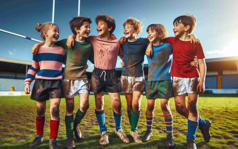 Realistic HD photo of unbreakable friendship among a diverse group of childhood friends on a rugby field. The friends are a mixture of genders and races, including Caucasian and South Asian boys and girls. They are laughing and playing, displaying a true bond that underlines their strong friendship. The rugby field is expansive, filled with vibrant green grass under a clear blue sky. Each friend is clad in colourful athletic gear, muddy and high-spirited after a rigorous rugby match.