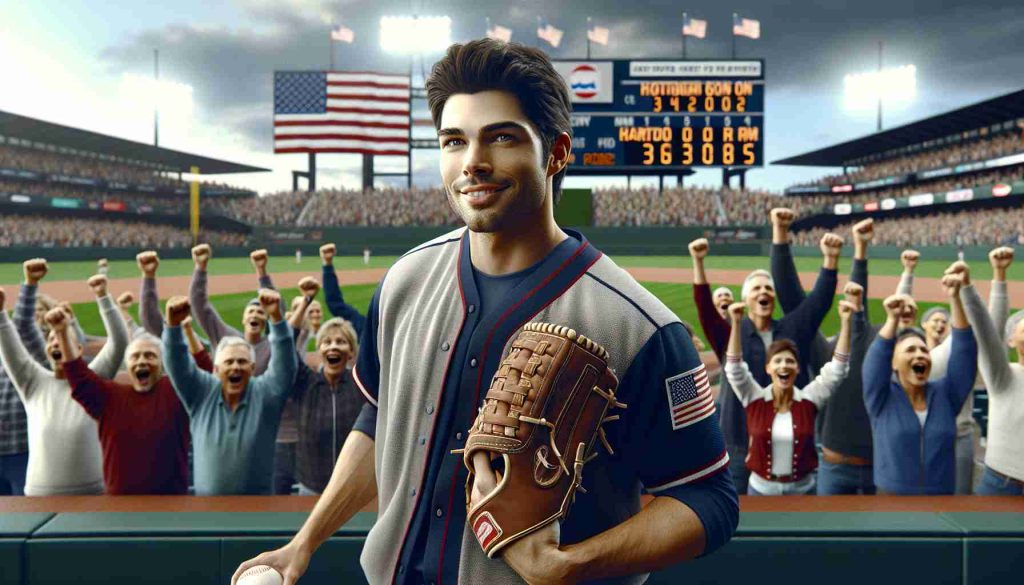 Generate a hyper-realistic HD image set at a major league baseball stadium with jubilant spectators in the stands. The focus of the scene is on a star shortstop player just acquired by the home team. The player, a confident Hispanic man, is on the field, wearing his team's uniform and a baseball glove. Scoreboard in the background suggests the team is on a winning streak, fueling rumors of a possible championship. The overall mood of the image should capture anticipatory excitement and hope.