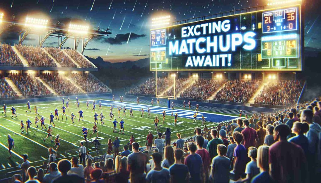 Create a high-definition, realistic image of a bustling high school sports event. Visualize two competing teams warming up under the stadium lights, with vibrant team colors, the energetic crowds of students, parents, and teachers filling the bleachers, and a large digital scoreboard displaying 'Exciting Matchups Await!' in bold, flashing letters. The anticipation is palpable in the scene, reflecting the feeling of an important week in high school sports.