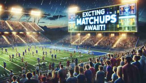 Create a high-definition, realistic image of a bustling high school sports event. Visualize two competing teams warming up under the stadium lights, with vibrant team colors, the energetic crowds of students, parents, and teachers filling the bleachers, and a large digital scoreboard displaying 'Exciting Matchups Await!' in bold, flashing letters. The anticipation is palpable in the scene, reflecting the feeling of an important week in high school sports.