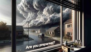 A detailed and realistic High Definition image showcasing a potentially dangerous atmospheric situation. A cluster of severe storms are looming menacingly in the distant horizon. Dark, brooding cumulonimbus clouds are rolling in, indicating an incoming severe weather event. Signs of early preparation are evident: windows of nearby houses are boarded up, the wind is blowing forcefully, swirling leaves and other light debris. The environment exudes a tense calm before a likely stormy turmoil. The phrase 'Are You Prepared?' is emblazoned across the bottom of the image, eliciting a sense of anticipation and urgency.