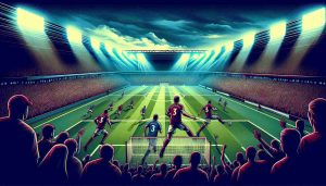 Generate an image illustrating a thrilling championship football match. Depict the scene with two opposing teams, similar to Burnley and Middlesbrough, engaged in intense play under stadium lights. The animated crowd is filled with anticipation, as the score stands even, indicating they have shared points. The image should be in high definition, showcasing the vivid colors of the football ground and the heightened emotions of the match.