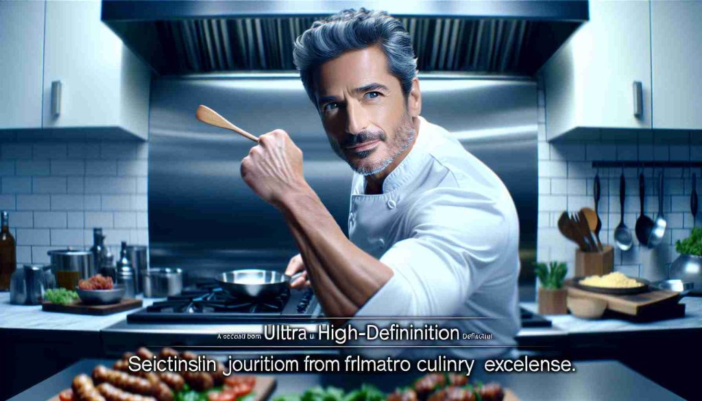 An ultra high-definition image of a male chef with short, graying hair and a fit physique, preparing a delightful feast in a professional kitchen. The man's appearance and demeanor hint at his previous career in the film industry. A caption subtly suggests his exciting journey from cinema to culinary excellence.