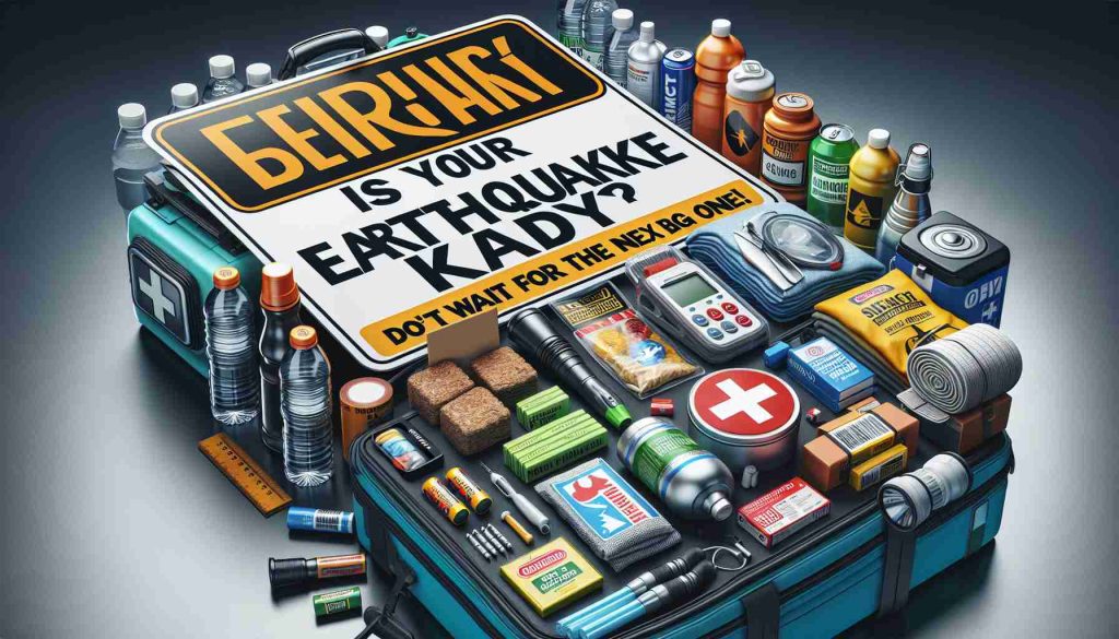 Detail-rich, high-definition image displaying an emergency earthquake kit, fully equipped and ready for immediate use. The kit includes items such as a flashlight, batteries, water bottles, non-perishable foods, a first-aid kit, and a thermal blanket. Also present is a clear and bold sign that reads, 'Is Your Earthquake Kit Ready? Don’t Wait for the Next Big One!'