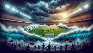 Create a realistic high-definition image that symbolizes a weekend sporting event, with a tense atmosphere of an underdog team, presumably 'Valencia', trying to turn the tide in their favor. Additional elements could include a soccer field, soccer players, a stormy sea representing the challenging situation, and excited expressions on fans' faces.