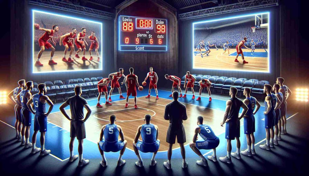 Create a realistic high-definition image of a metaphorical scene depicting the anticipation of a sporting event, namely a basketball game. A team in red jerseys, representing Louisville, is preparing strategies, demonstrating the competitive tension. They will be pitted against a team in blue jerseys, signifying Duke. Profoundly, the focus is on the blue team's strong defense. Include a digital countdown clock, signifying the pressing sense of the impending face-off. Exclude depictions of specific individuals.