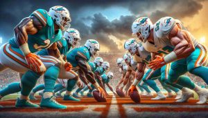 Create a high-definition, realistic image featuring an intense scene of a football team, symbolic for Miami Dolphins, confronting a tough challenge on the field. The picture should vividly portray the tension and struggle inherent to competitive sports, with players dressed in aqua, orange, and white uniforms, their determination clearly reflected on their faces.