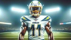 Realistic HD photograph of a moment marked as the beginning of a new chapter for a professional player with a strong physique who has just joined the Chargers team. He stands proudly on the field, wearing the lightning bolt helmet and uniform, radiating confidence and excitement for the future