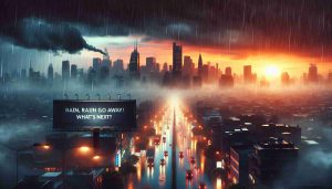 Generate a realistic high-definition image portraying a scene of rain clearing from a city skyline. The once dark and cloudy skies are slowly revealing the warm hues of a setting sun. The cityscape below reflects this change with slowly drying streets, glimmering with the remnants of the rain. Streetlights start to blink into existence as the darkness of rain is replaced with the peaceful quiet of an evening. Add a distinct element to this scene, where we see a billboard display amidst the cityscape with bold letters 'Rain, Rain Go Away! What's Next?'