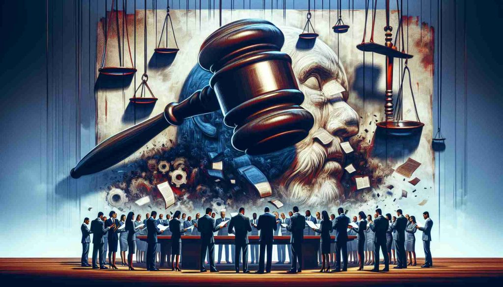 Generate a hyper-realistic, high-definition digital painting illustrating the concept of a new court ruling creating uncertainty for corporate transparency deadlines. Design an abstract scene that encapsulates the tension felt by businesses. Possibly, have an image of a large, intimidating gavel hanging over a representation of a diverse group of corporate persons - men and women from various descents including Hispanic, Caucasian, Black, South Asian, and Middle-Eastern - as they consult documents and calendars anxiously.