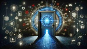 Generate a realistic, high definition depiction of an advanced artificial intelligence concept, visualized as a futuristic door being unlocked, surrounded by symbols and iconography indicating cutting-edge technological innovations.