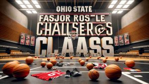 A realistic, high definition image of the phrase 'Ohio State Faces Major Roster Challenges Ahead of Valparaiso Clash.' The words should be bold and impactful, set forth against the backdrop of a basketball court - the venue often associated with these clashes. Basketballs, training equipment, and jerseys can be strewn across the court, hinting at the intense preparation and strategizing. Please ensure the atmosphere is filled with anticipation and tension, enhancing the gravity of the phrase.