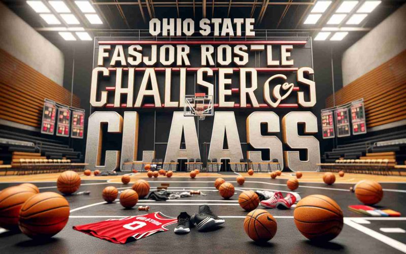 A realistic, high definition image of the phrase 'Ohio State Faces Major Roster Challenges Ahead of Valparaiso Clash.' The words should be bold and impactful, set forth against the backdrop of a basketball court - the venue often associated with these clashes. Basketballs, training equipment, and jerseys can be strewn across the court, hinting at the intense preparation and strategizing. Please ensure the atmosphere is filled with anticipation and tension, enhancing the gravity of the phrase.