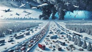 A high-definition realistic image displaying severe weather conditions disrupting holiday travel plans. The scene portrays a vast landscape affected by extreme weather, with snow flurries and torrential rain leading to traffic jams and chaos at airports. Distressed travelers are seen alongside heavy snowfall, grounded airplanes, and clogged highways, emphasizing the scale of the disaster affecting millions of people.