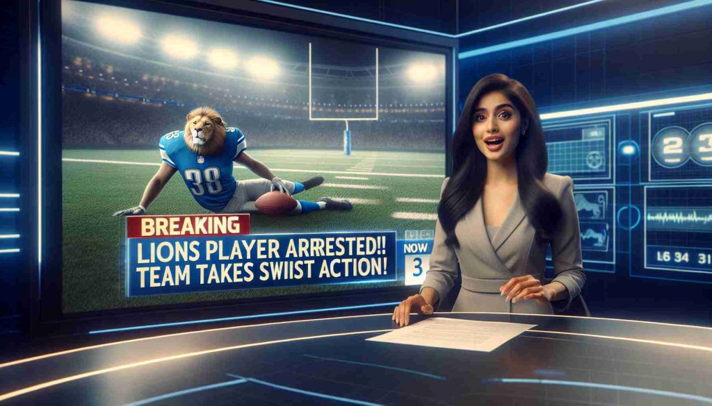 High-definition, realistic scene of a breaking news broadcast. The headline on the news ticker reads 'Lions Player Arrested! Team Takes Swift Action!' The backdrop is a modern news studio, with graphics of a football field and a blurred logo of a lion, implying a sports team. The news anchor, a South Asian woman, with a surprised expression, shares the news to the audience.