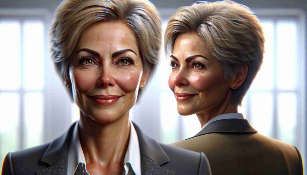 Realistic HD image of a charismatic older woman with short light hair and bright expressive eyes, wearing professional attire, reflecting on an iconic role she once played in a popular office-themed television show. The image should convey a journey of self-doubt and joy.