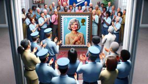 A realistic HD image of a postal service celebration in honor of a legendary female television personality. The scene depicts a honorary postage stamp featuring this beloved figure, showcasing her charisma and lifelong dedication to the entertainment industry. A crowd of diverse postal employees - Caucasian, Black, Hispanic, Middle Eastern, and South Asian, of varying genders - participate in the joyful event, applauding and admiring the unveiling of this special commemorative item.