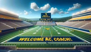 Realistic HD image of a scene signifying a football coach returning. This moment should be captured in the context of a West Virginia football field overlaid with the text 'Welcome Back, Coach!'. The scene could be a pristine, empty football field with fresh white boundary lines under a bright blue sky, the end zones proudly displaying the words 'West Virginia', and a celebratory banner unfurled across the bleachers to welcome the coach back. Use vibrant, yet realistic colors to denote the joyful occasion.