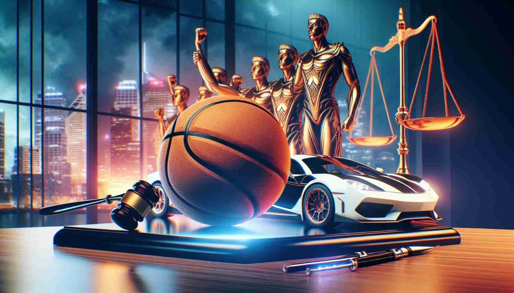 Create a realistic, high-definition image indicating a major legal challenge happening within the world of professional car racing. The focal point should be a high-stakes team, symbolized with an icon of a basketball. Will this team be victorious? The scene should capture the sense of tension, drama and uncertainty.