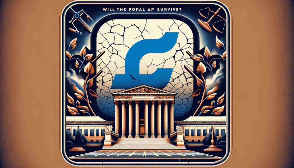 An HD illustration conveying the theme of uncertainty about a famous social media app's future. It features a symbolic interpretation of the app's logo in the center, maybe fading or cracking to symbolize turmoil. There's also an image of a Supreme Court building with the scales of justice upfront. The caption at the footer states, 'Will the Popular App Survive?'