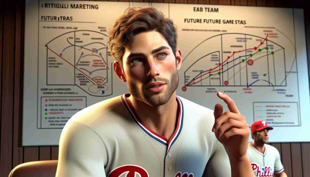 Realistic HD image of a tall, athletic baseball player who bears a resemblance to a typical Caucasian baseball star engaging in a conversation about future trades. The background should depict the emblematic baseball team meeting room with strategic diagrams, and notes regarding future games. The atmosphere of the room should reflect uncertainty, hinting at the possibility of major changes within the team named the 'Phillies'.