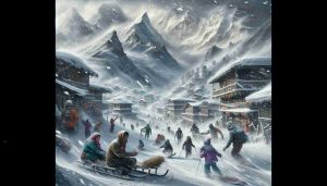 A high definition, realistic depiction of a snowstorm creating a sense of chaos in the Himalayan winter wonderland. The majestic snow-capped mountains tower in the background under a gray sky swirling with snowflakes. Villagers below, decked out in warm winter gear of various descent, are urgently going about their routines - a South Asian woman clearing the snow from her doorstep, a Middle-Eastern man trying to keep his footholds steady, a Hispanic boy sledging down a hill. Everywhere, the daily life of the Himalayas is seen being disrupted by the relentless onslaught of winter.