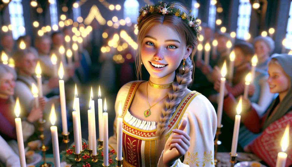 Realistic high-definition image showcasing a royal tradition, with a young princess character brightly illuminating a St Lucia Day celebration. The princess, of Scandinavian descent and dressed in traditional attire, joyously partakes in the festivities. Note, she is not an actual person but a fictional character.