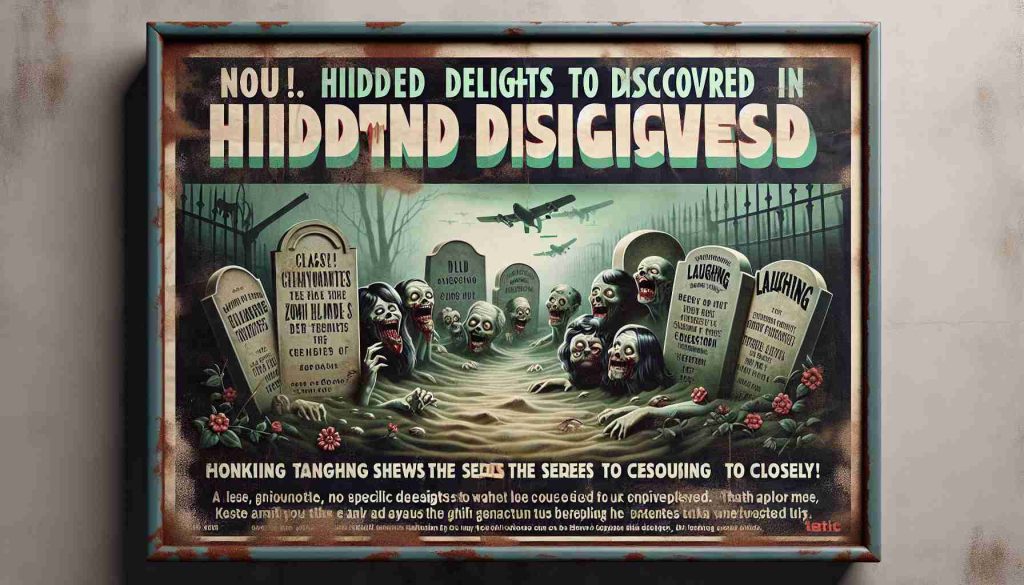 A high-definition, lifelike image of a humorous zombie-themed television show poster. The poster teases hidden delights to be discovered in the show, with an enticing tagline encouraging viewers to look closely. It features creative and bold designs with fading text and images revealing tantalizing hints about what the series entails. The backdrop might show classic zombie horror elements with a twist of comedy embedded, like a gloomy graveyard scene with tombstones 'laughing', to depict the unique blend of genres. Please note, no specific show is being referred to. It should be an original image, not linked to any existing shows or characters.