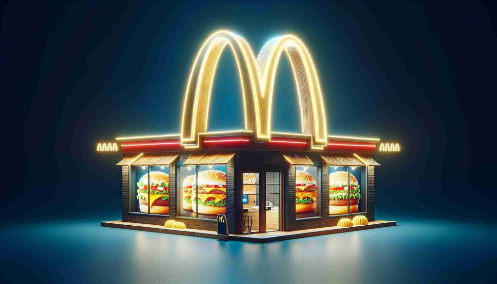 Generate a realistic high-definition image of a fast-food restaurant known for its golden arches announcing new and exciting flavors.