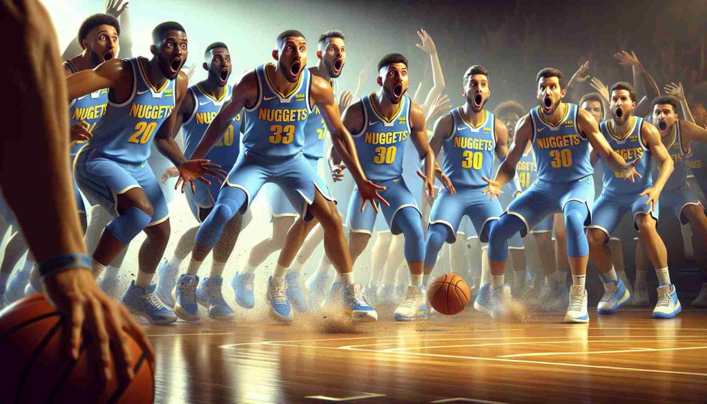 High-resolution, realistic image of an intense basketball game scenario signifying a last-minute comeback. The nuggets color-themed team, playing in blue and yellow uniforms, radiates shock and awe as they snatch victory from the brink of defeat. The atmosphere is electric with disbelief and exhilaration.