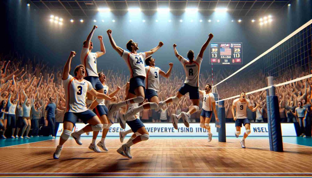 High definition realistic photo depicting a surprising upset in an NCAA Volleyball match named 'The Underdogs Rise'. Capture the amazing moment of triumph of the underdog team, after having scored the decisive point in the match. Include enthusiastic players leaping into air with joy, their expressions full of surprise, joy, and disbelief. The defeated team shows clear disappointment. The spectators around the court are a mix of shock and ecstasy. A scoreboard visibly shows the underdog team winning against the odds.