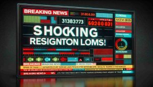 Generate a high-definition, realistic image depicting a news screen with the headline 'Breaking News: Shocking Resignation Looms!' This screen should portray the gravitas of the situation, with striking fonts and colours, and appropriate elements such as live-news banners and tickers commenting on the recent development.