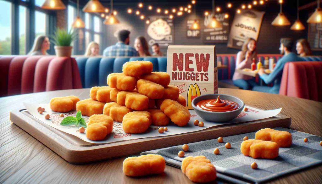 Realistic HD photo of a fast food restaurant's new chicken nuggets. The nuggets are displayed in a cheerful and appetizing arrangement, inviting the viewer to try them. The setup is complete with a tantalizing sauce dip and a background suggesting a cozy dine-in atmosphere.