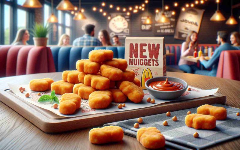 Realistic HD photo of a fast food restaurant's new chicken nuggets. The nuggets are displayed in a cheerful and appetizing arrangement, inviting the viewer to try them. The setup is complete with a tantalizing sauce dip and a background suggesting a cozy dine-in atmosphere.