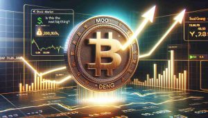 A high-definition, realistic image of a digital coin embossed with 'Moo Deng' soaring upwards, symbolizing rising prices. The coin is surrounded by stock market indicators and graphs, displaying an upward trend. The image also incorporates a question mark and text quote 'Is this the next big thing?', alluding to speculation about its future potential.