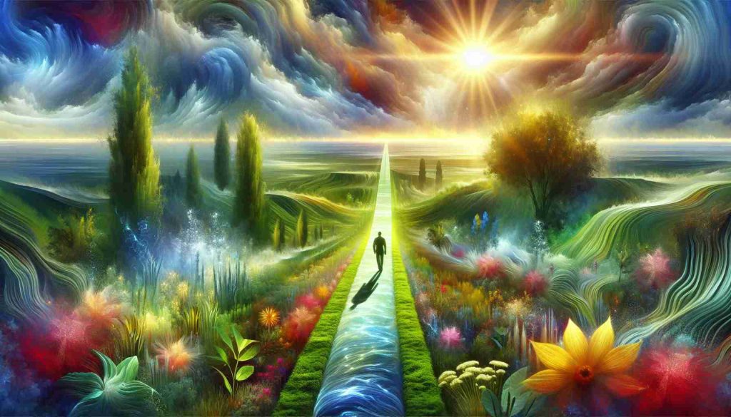 Generate a high-definition, realistic image depicting the abstract concept of a heartfelt journey of healing and growth. Visualize this idea as a path stretching into the distance, surrounded by verdant foliage and vibrant flowers to symbolize growth. Include healing symbols such as serene water bodies, sunlight breaking through clouds and serene landscapes. Also include a human figure walking on the path, demonstrating progress and perseverance.