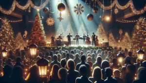 High-definition, realistic image that captures the magical essence of Christmas with a band performing classic holiday music on stage, festooned with sparkling decorations, shimmering strings of lights, and a Christmas tree. In the foreground, crowds of people are entranced by the music, their faces illuminated in the soft, warm glow of the stage lights.