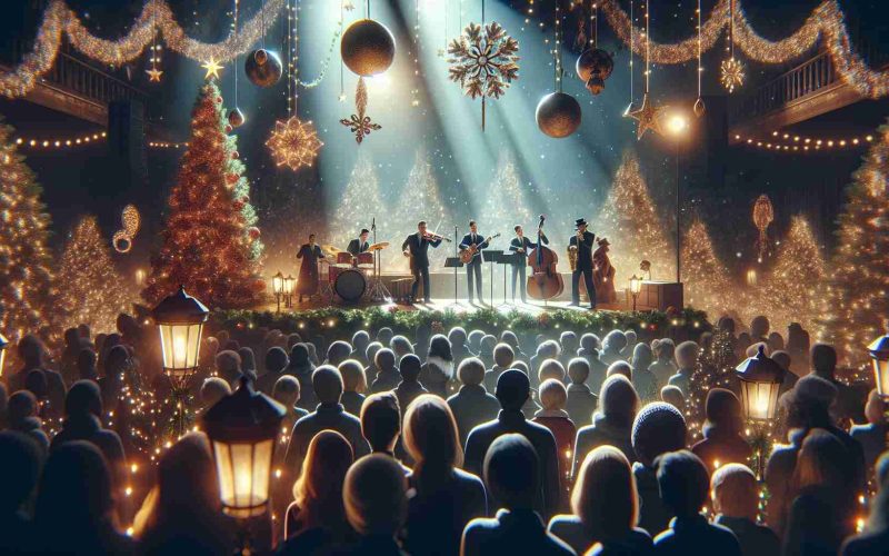 High-definition, realistic image that captures the magical essence of Christmas with a band performing classic holiday music on stage, festooned with sparkling decorations, shimmering strings of lights, and a Christmas tree. In the foreground, crowds of people are entranced by the music, their faces illuminated in the soft, warm glow of the stage lights.