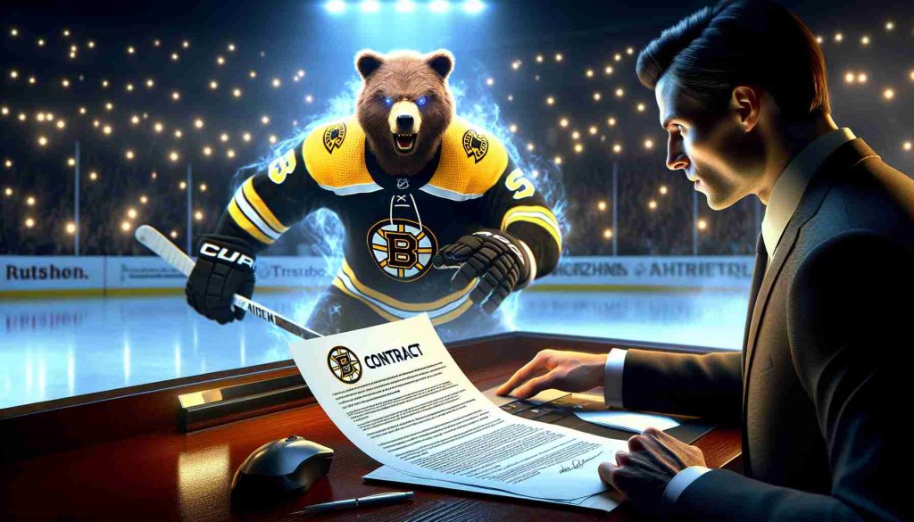 High definition, realistic image of a dramatic scene implying the metaphor 'Is This Player’s Time Running Out?'. It features a hockey player in a tense moment, focused on the game. Additionally, show a surprising contract with the Bruins, represented through a contract placed prominently, with the logo of a bear (signal of the Bruins) printed on it.