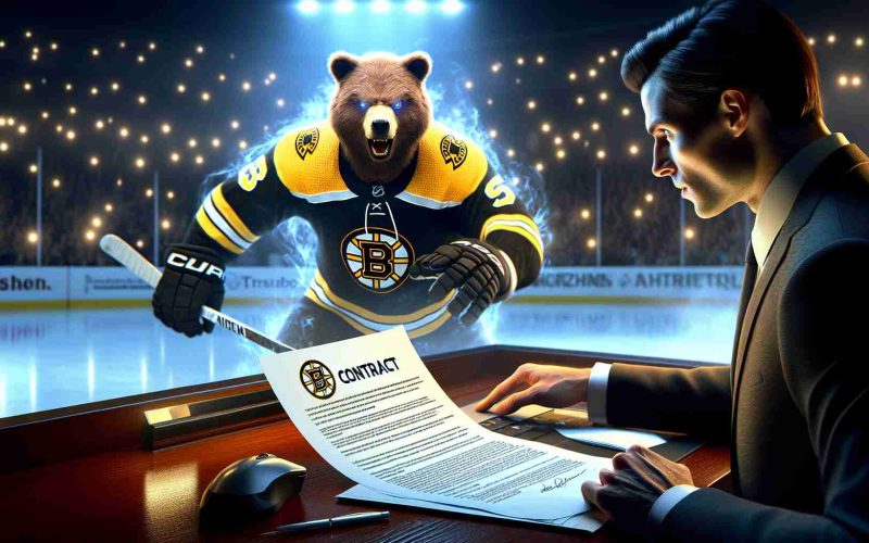 High definition, realistic image of a dramatic scene implying the metaphor 'Is This Player’s Time Running Out?'. It features a hockey player in a tense moment, focused on the game. Additionally, show a surprising contract with the Bruins, represented through a contract placed prominently, with the logo of a bear (signal of the Bruins) printed on it.