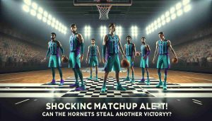 A realistic high-definition image showing an intense scene from a basketball court. In the foreground, a team dressed in teal and purple uniforms represent the Hornets. Their players exude an aura of determination and resilience, capturing the anticipation of maybe leading their team to steal another victory. Checkerboard markings of the court under their feet span the horizon. The text 'Shocking Matchup Alert! Can the Hornets Steal Another Victory?' is displayed boldly at the bottom of the image.