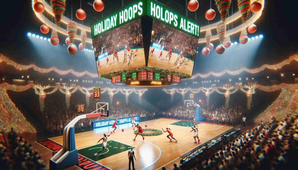 A high-resolution, lifelike image of a thrilling basketball game in progress, with festive holiday decorations adorning the court. The teams involved are unspecified, keeping the focus on the exhilarating action of the game. LED screens display 'Holiday Hoops Alert!', and the atmosphere is filled with anticipation and cheer as an unspecified team is about to make an important move.