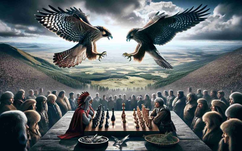 A highly detailed, high-definition image showcasing the ultimate showdown. The focus of the image is a grand and thrilling matchup. Perhaps two chess masters at a tension-filled final game, or a pair of falcons competitively battling mid-air. The landscape around them is filled with spectators, their faces a mix of anticipation, excitement, and awe. The atmosphere is electric, the stakes are high, and every element of the picture signifies an epic face-off not to be missed.