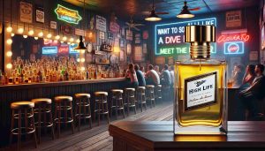 Realistic high-definition image of a conceptual art piece, depicting a perfume bottle with a golden color indicative of a premium lager like Miller High Life. The backdrop illustrates a casual, dimly lit, classic dive bar with wooden stools, a mirror behind the bar reflecting an assortment of Liquor bottles, neon signs, and vibrant chatter of patrons filling the air. The words 'Want to Smell Like a Dive Bar? Meet the New Fragrance!' are stylishly written in the foreground.