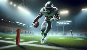 Create a high-definition lifelike image representing a professional football player in action. The football player should exude strength and agility on the grassy field, ready to score touchdowns and set new rushing records. The player's helmet should display a numbered tag, and the player's jersey number should be clearly visible too. The atmosphere around the field should be intense with breathtaking anticipation. Amid the action, in the background, there should be a message of inspiration written on the stadium's big screen in white bold letters.