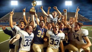 Realistic high-definition photograph of a moment of triumph at Fullerton field. Moreau Catholic team enjoys their championship victory moment. The jubilant team members can be seen holding up a golden trophy under the bright stadium lights. Emotions run high as the crowd roars in approval.