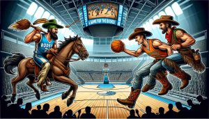 HD illustration of an intense basketball match with both teams giving their best. One team, represented by a rodeo cowboy, seems to have dominance over the other, represented by a trail guide. The arena is filled with excitement, anticipation, and passion that you can palpably feel. The scoreboard shows a striking lead for the cowboy team. A banner hangs overhead with words 'A Game for the Books! Are They Title Contenders?'